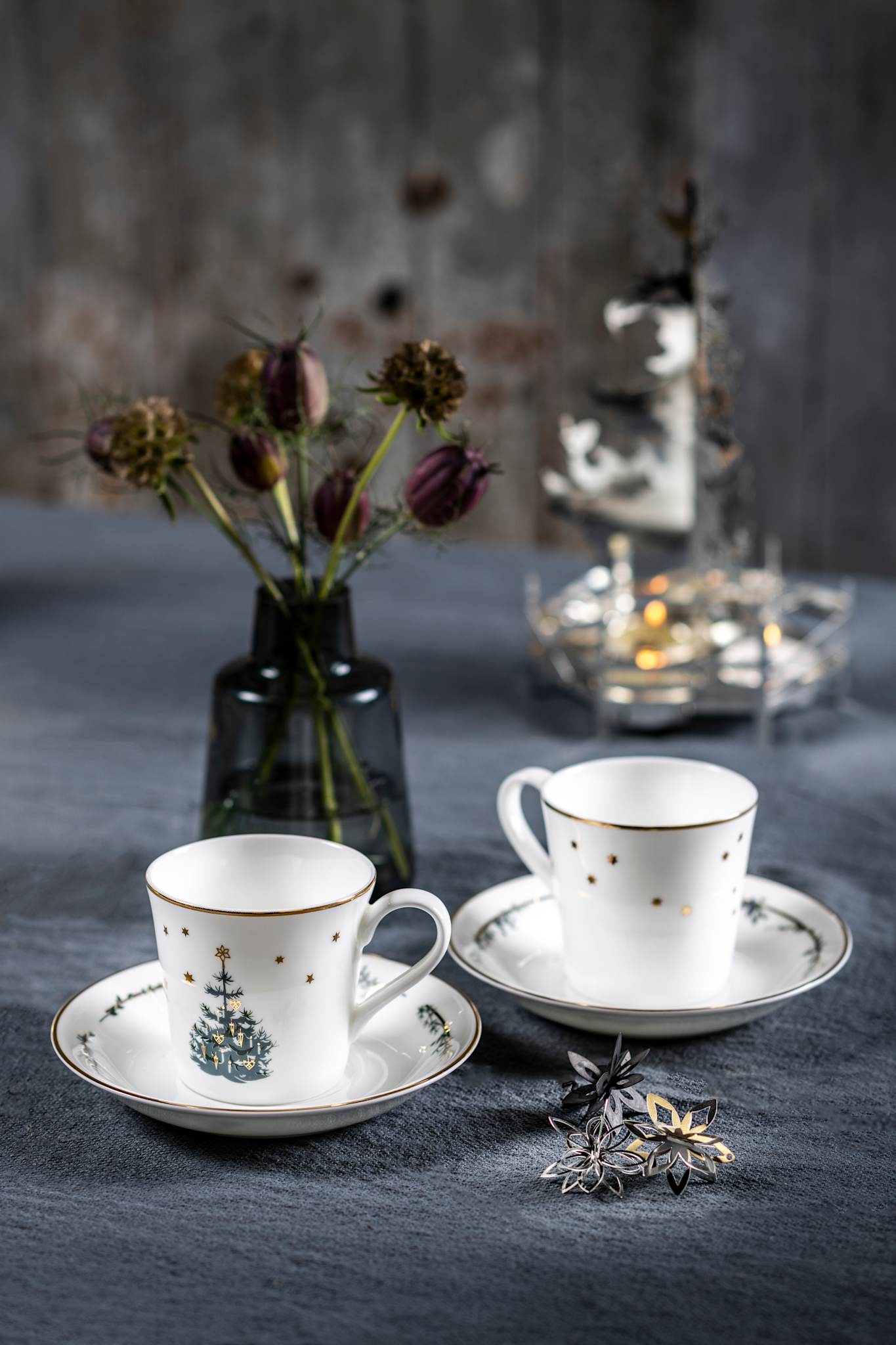 Winter Stars, Weihnachtstasse mit Untertasse - Weihnachtsbaum